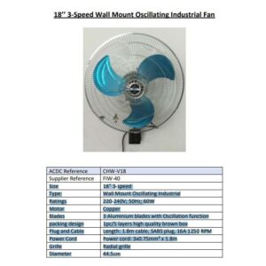 ACDC - 18inch 3-Speed Wall Mount Oscillating Industrial Fan