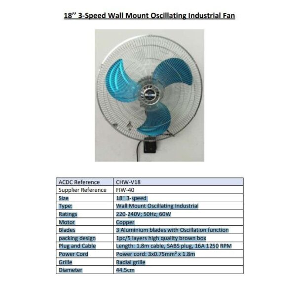 ACDC - 18inch 3-Speed Wall Mount Oscillating Industrial Fan