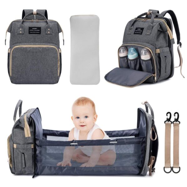 Multifunction Baby Backpack with Bassinet & Folding Crib - Nappy Bag - Grey - Image 3