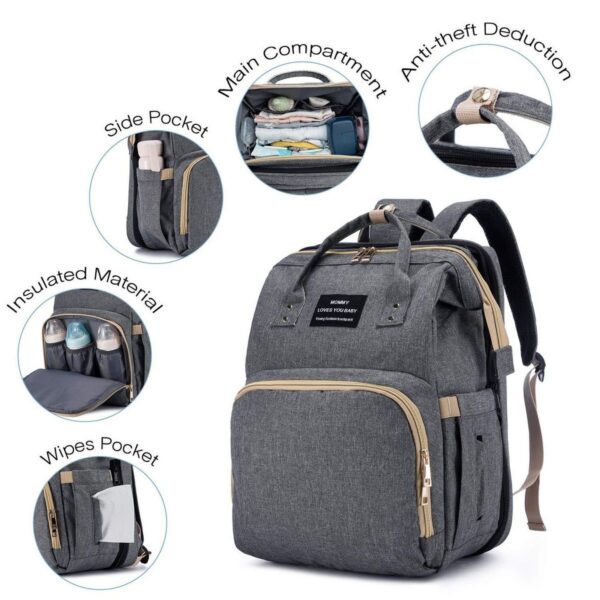 Multifunction Baby Backpack with Bassinet & Folding Crib - Nappy Bag - Grey