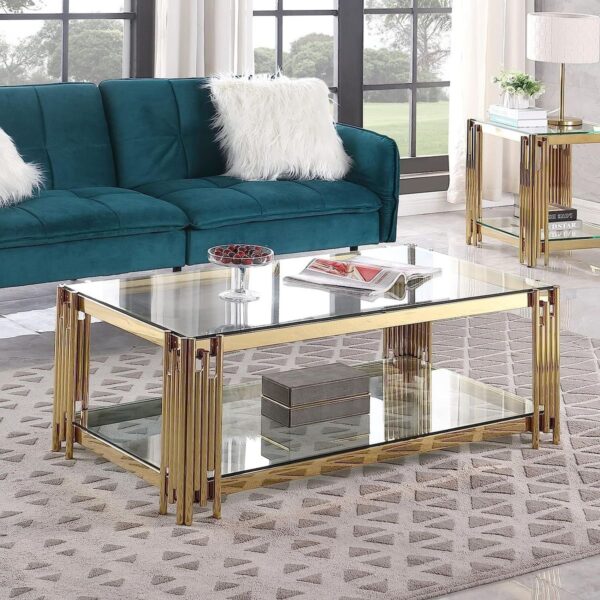 Coffee Tables - Rectangular Clear Tempered Glass Top with Gold Steel Frame - Image 3