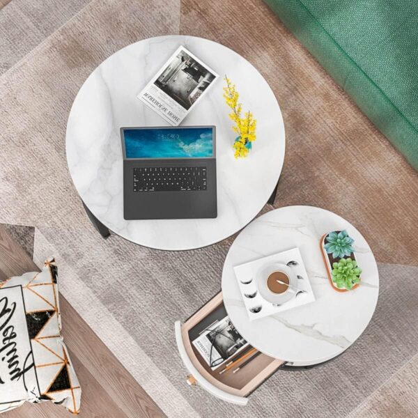 Round Nesting Wood Top Coffee End Table and 1 Drawer Table XT-2 - Image 3