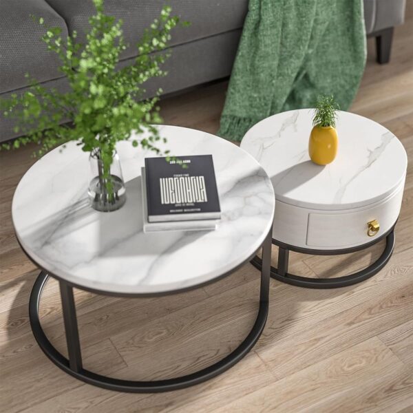 Round Nesting Wood Top Coffee End Table and 1 Drawer Table XT-2 - Image 4