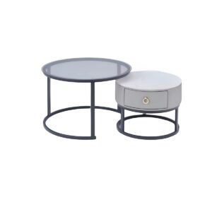 Modern Round Nesting Glass Top Coffee End Table and 1 Drawer Table XT-3