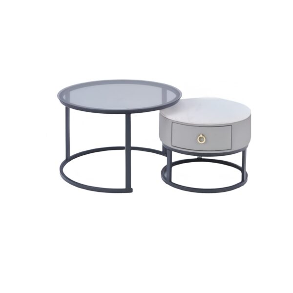 Modern Round Nesting Glass Top Coffee End Table and 1 Drawer Table XT-3