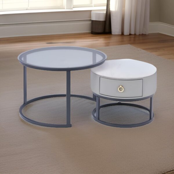 Modern Round Nesting Glass Top Coffee End Table and 1 Drawer Table XT-3 - Image 3