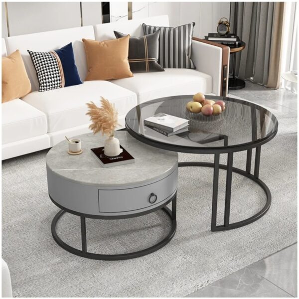 Modern Round Nesting Glass Top Coffee End Table and 1 Drawer Table XT-3 - Image 4