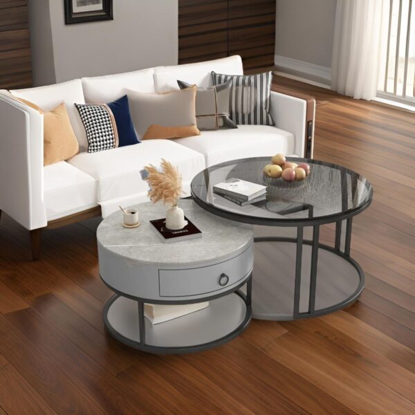 Modern Round Nesting Glass Top Coffee End Table and 1 Drawer Table XT-3 - Image 5