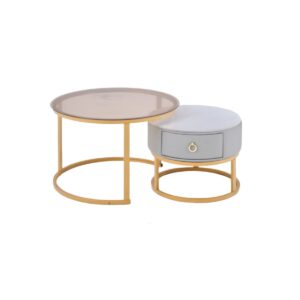 Round Nesting Glass Top Coffee End Table with 1 Drawer Table XT-1
