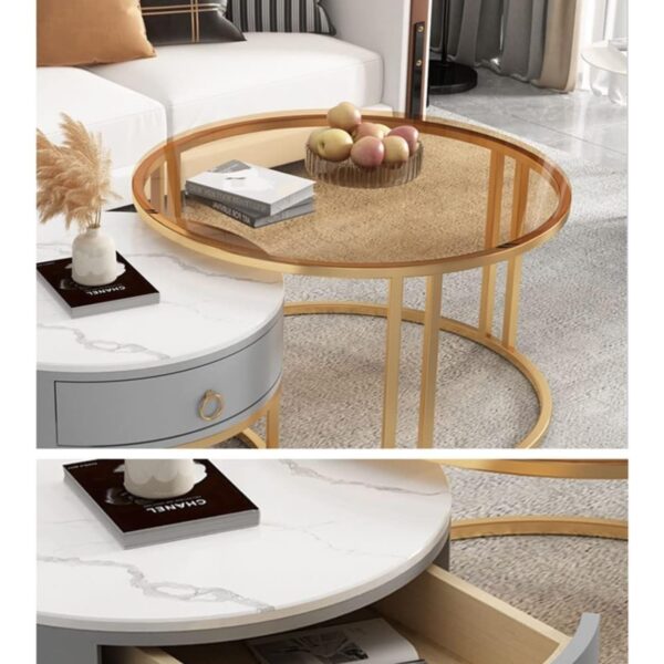Round Nesting Glass Top Coffee End Table with 1 Drawer Table XT-1 - Image 3