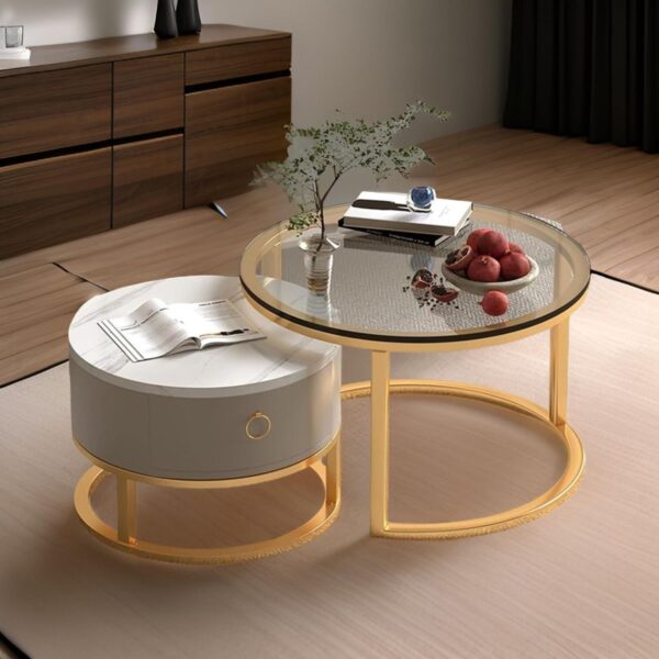 Round Nesting Glass Top Coffee End Table with 1 Drawer Table XT-1 - Image 4