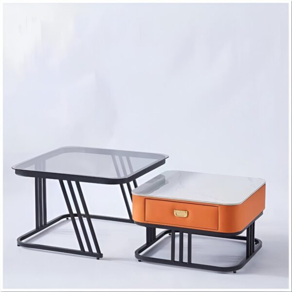 Nesting Square Glass Top Coffee Table with Marble Top Drawer Table XT-12 - Image 3