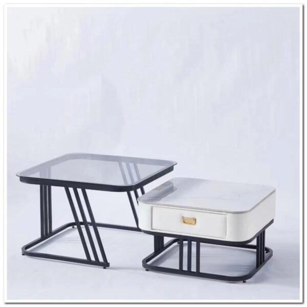 Nesting Square Glass Top Coffee Table with Marble Top Drawer Table XT-11 - Image 3