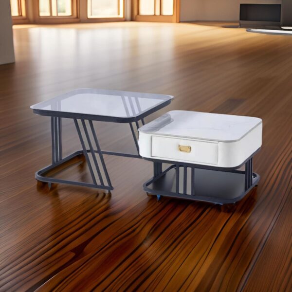 Nesting Square Glass Top Coffee Table with Marble Top Drawer Table XT-11 - Image 4