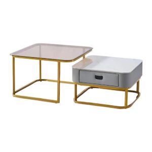 Nesting Square Glass Top Coffee Table with Marble Top Drawer Table XT-5
