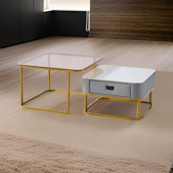 Nesting Square Glass Top Coffee Table with Marble Top Drawer Table XT-5 - Image 3