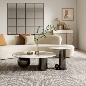 Golden Stainless and Marble Coffee Table Set- Black