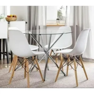 KCW FURN- 5pc Emma Dining set with Round glass top table (White)