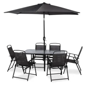 KCW FURN -Hazlo 8 Piece Outdoor Folding Dining Round Glass Patio Table Chair Set with Umbrella - Black