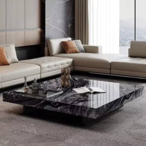 KCW FURN -LAKIQ Square Stone Coffee Table with Fixed Tray Faux Marble Living Room Center Table