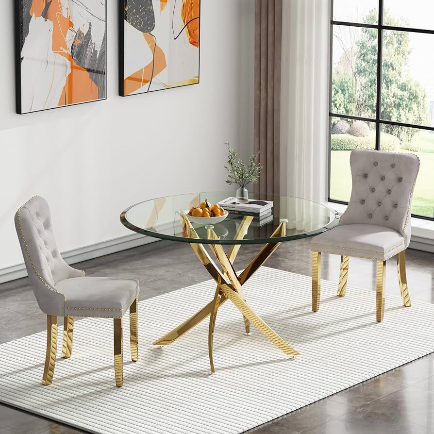 KCW FURN-Modern Glass Top Dining Table - Transparent, Gold - Image 2