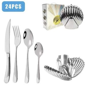 KCW FURN-24 Piece Stainless Steel Cutlery Set with Holder-Premium Mirror Finish Tableware Set -Includes Knives,Forks,Spoons,& Teaspoons-Gift Box-Dishawasher Safe